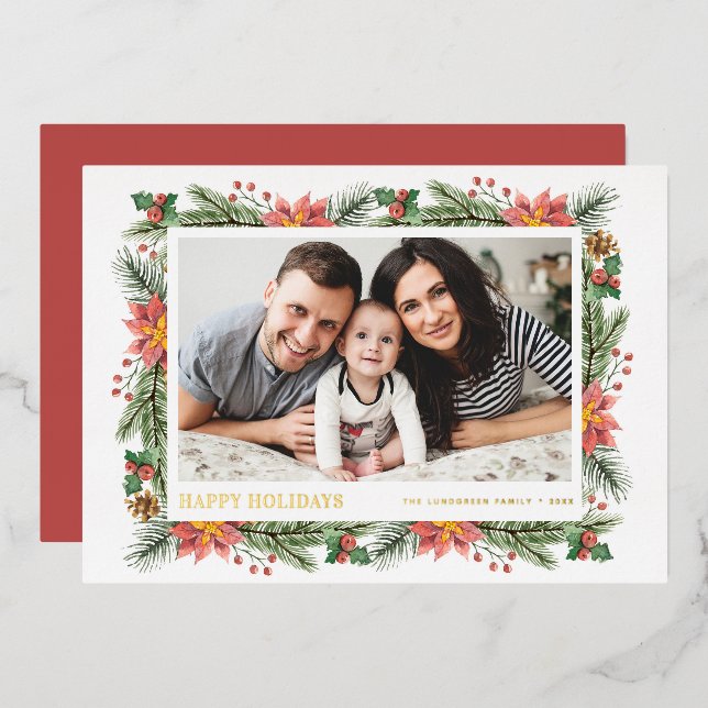 Winter Watercolor Botanicals Happy Holiday Photo (Front/Back)
