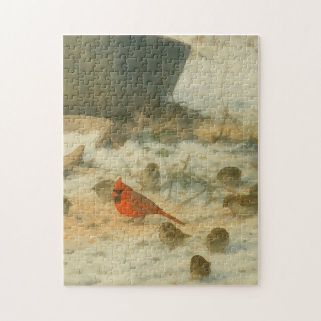 Winter Watercolor Cardinal and Sparrows Jigsaw Puzzle (Vertical)