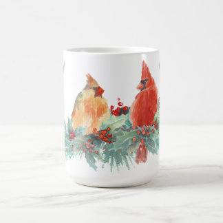 Winter Watercolor Cardinal Pair with Holly Coffee Mug