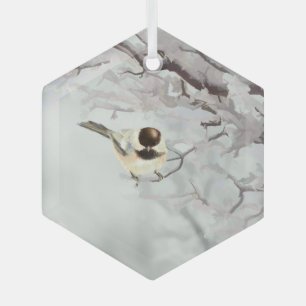 Winter Watercolor Chickadee Snow Trees Frost Glass Ornament