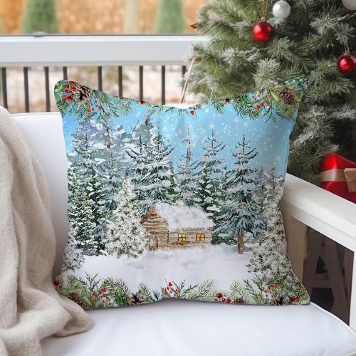 Winter Watercolor Christmas Cabin in Forest Throw Pillow