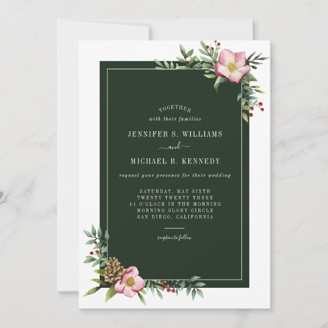 Winter Watercolor Christmas Rose Greens Invitation (Front)