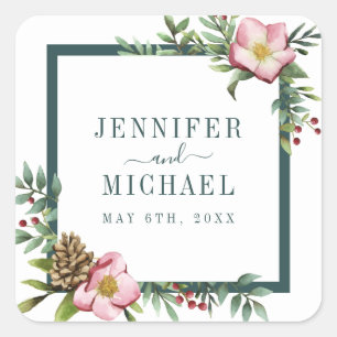 Winter Watercolor Christmas Rose Greens Square Sticker