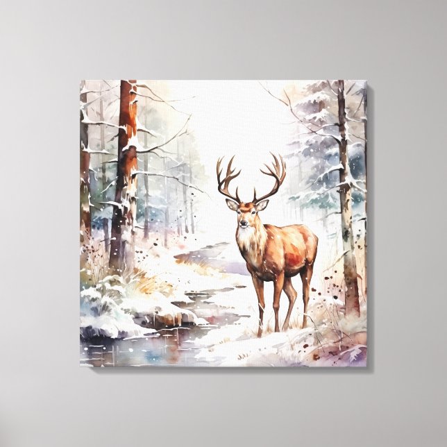 Winter Watercolor Deer Canvas Art (Front)