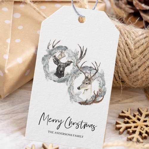 Winter Watercolor Deer Wreath Christmas Gift Tags