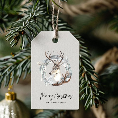 Winter Watercolor Deer Wreath Christmas Gift Tags