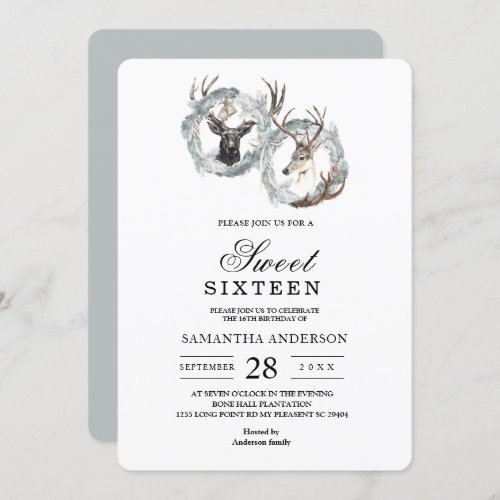 Winter Watercolor Deer Wreath Silver Invitation