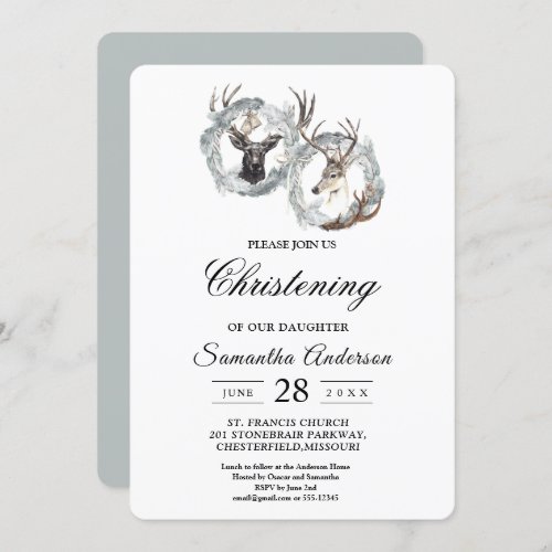 Winter Watercolor Deer Wreath Silver Invitation