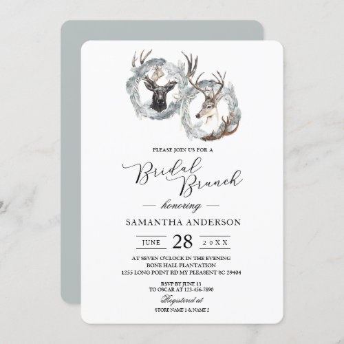 Winter Watercolor Deer Wreath Silver Invitation