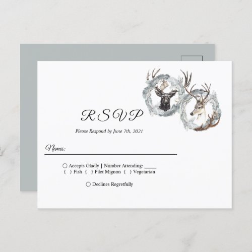 Winter Watercolor Deer Wreath Silver Invitation Postcard