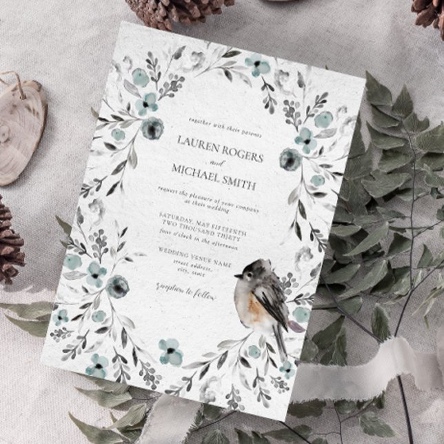 Winter Watercolor Dusty Blue Botanical Wedding Invitation (Winter Wedding Invitation)