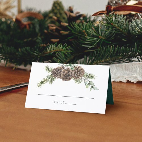 Winter Watercolor Evergreen Pine Cone Wedding Place Card