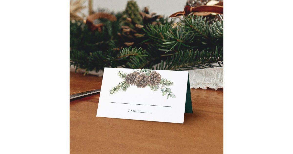 Winter Watercolor Evergreen Pine Cone Wedding Place Card | Zazzle