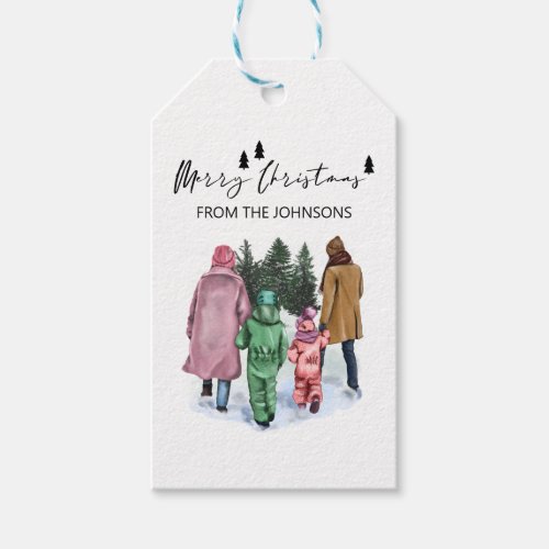 Winter Watercolor Family of 4 Merry Christmas Gift Tags