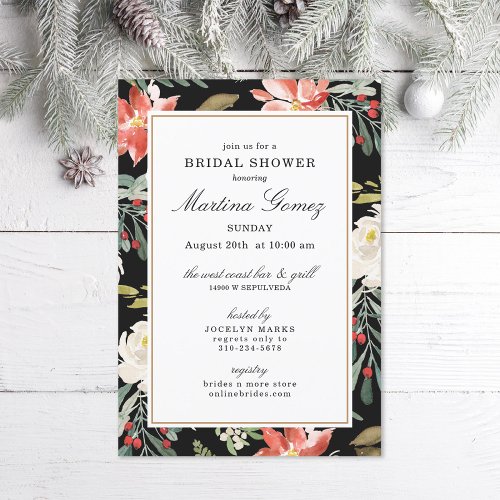 Winter Watercolor Floral Black Bridal Shower Invitation