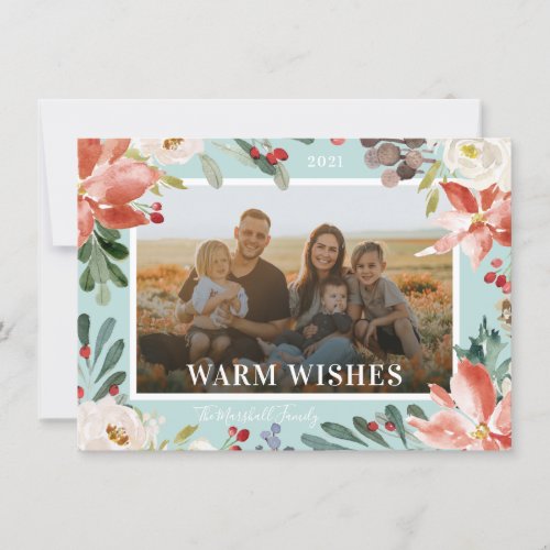 Winter Watercolor Floral Frame Photo Light Blue Holiday Card