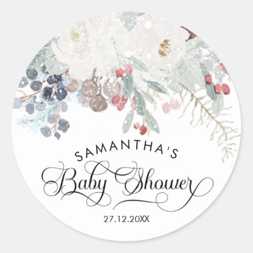 Winter watercolor floral in snow Baby Shower Classic Round Sticker