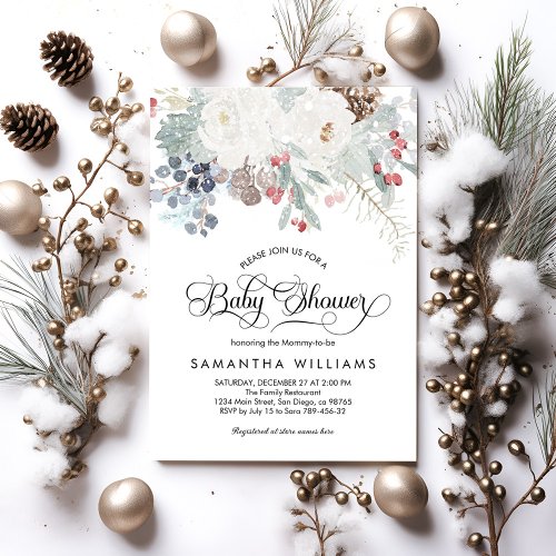 Winter watercolor floral in snow Baby Shower Invitation