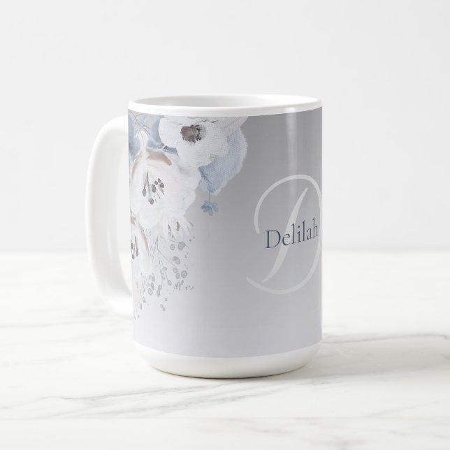 Winter Watercolor Floral Monogram Personalized Coffee Mug (Front Left)