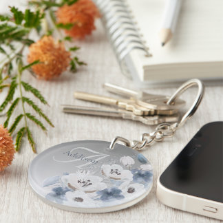 Winter Watercolor Floral Monogram Personalized Keychain