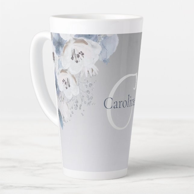 Winter Watercolor Floral Monogram Personalized Latte Mug (Left Angle)
