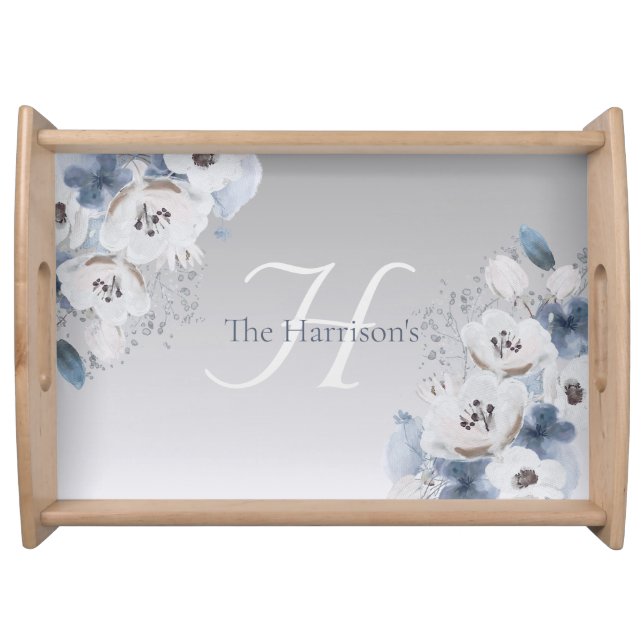 Winter Watercolor Floral Monogram Personalized Serving Tray (Front)