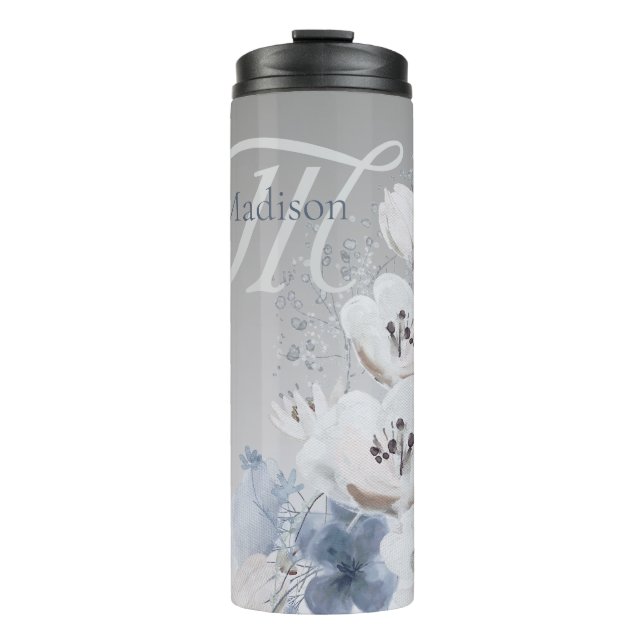 Winter Watercolor Floral Monogram Personalized Thermal Tumbler (Front)