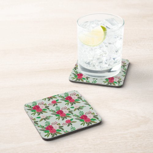 Winter Watercolor Floral Pattern on Light Green Beverage Coaster