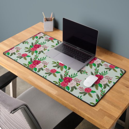 Winter Watercolor Floral Pattern on Light Green Desk Mat