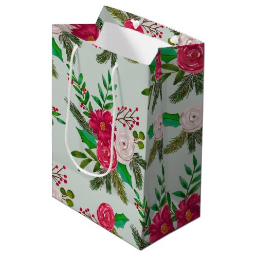 Winter Watercolor Floral Pattern on Light Green Medium Gift Bag