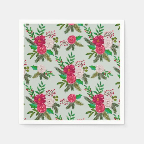 Winter Watercolor Floral Pattern on Light Green Napkins