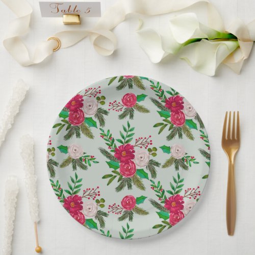 Winter Watercolor Floral Pattern on Light Green Paper Plates