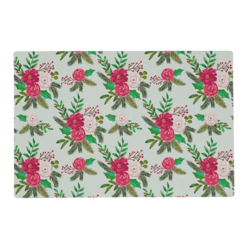 Winter Watercolor Floral Pattern on Light Green Placemat