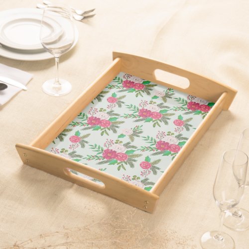 Winter Watercolor Floral Pattern on Light Green Serving Tray