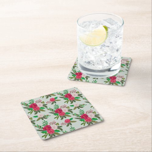 Winter Watercolor Floral Pattern on Light Green Square Paper Coaster