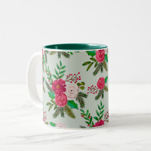 Winter Watercolor Floral Pattern on Light Green Two-Tone Coffee Mug