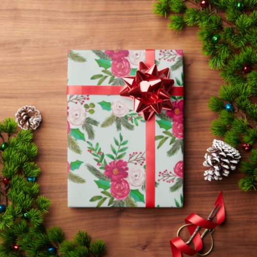 Winter Watercolor Floral Pattern on Light Green Wrapping Paper