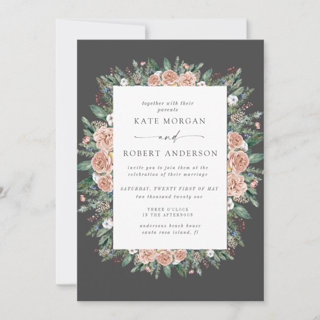 winter watercolor floral wedding invitation (Front)