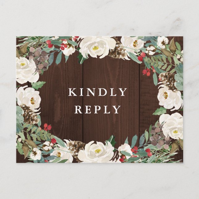 Winter watercolor floral wedding RSVP Postcard (Front)