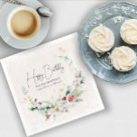 Winter Watercolor Flower Snowflake 100th Birthday Napkins<br><div class="desc">Beautiful soft modern red and white flowers are nestled in soft green leaves to create an elegant half wreath. Soft gold snowflakes add a festive holiday vibe. Sophisticated and chic. Happy Birthday is written in a trendy open and airy script. Two lines of text below let you customize your birthday...</div>