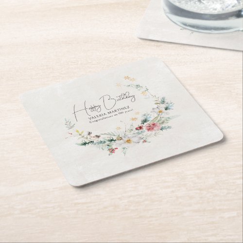 Winter Watercolor Flower Snowflake 100th Birthday Square Paper Coaster