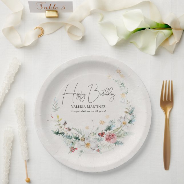 Winter Watercolor Flower Snowflake 90th Birthday Paper Plates (Wedding)
