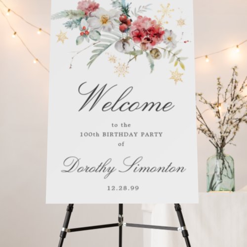 Winter Watercolor Flowers 100th Birthday Welcome Foam Board