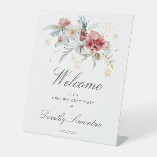 Winter Watercolor Flowers 100th Birthday Welcome Pedestal Sign