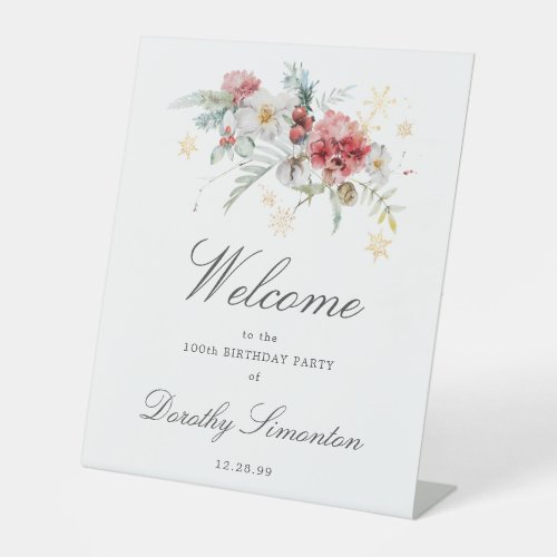 Winter Watercolor Flowers 100th Birthday Welcome Pedestal Sign