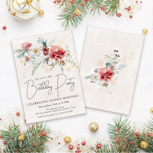Winter Watercolor Flowers 30th Birthday Party Invitation