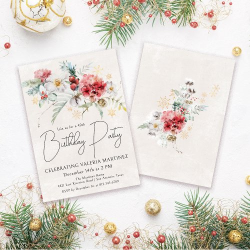 Winter Watercolor Flowers 40th Birthday Party Invitation