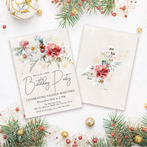 Winter Watercolor Flowers 60th Birthday Party Invitation