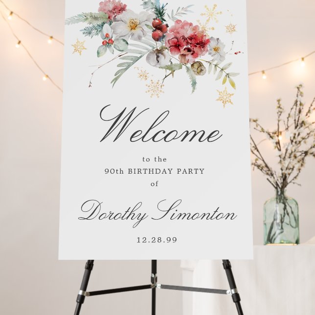 Winter Watercolor Flowers 90th Birthday Welcome Foam Board (In Situ (Stand))