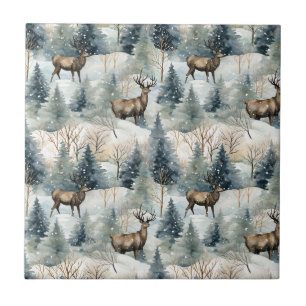 Winter Watercolor Forest Deer (1) Ceramic Tile